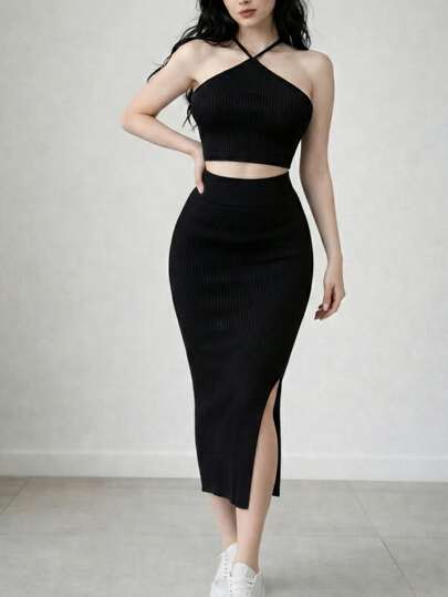 Conjunto de 2 piezas, top halter de punto, espalda descubierta, tirantes ajustables y falda con abertura en la pierna, vestido de punto Casual ajustado espalda descubierta con Strech para Mujer