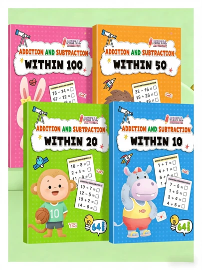 MINKOJA - SELECTS 64页儿童数学加减法练习册，适合4-8岁儿童：练习10、20、50和100以内的加减法运算，以及乘除法计算步骤。