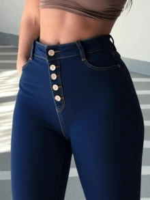 Jeans de mezclilla casual con bolsillo frontal y cierre de botones, para uso diario - Jeans 2059 - Ver 3