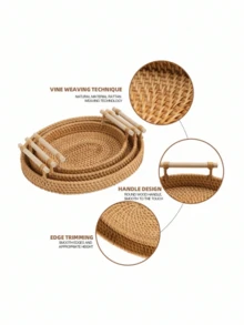 1 pieza Bandeja con asa de ratán, tejido de mimbre natural, bandeja de exhibición multiusos para el té de la tarde, adecuada para hoteles y restaurantes, construcción resistente, fácil de limpiar. - Marrón - Ver 4