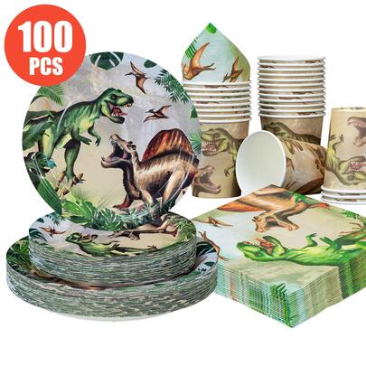 侏罗纪恐龙一次性餐盘、餐巾纸和纸杯，恐龙主题派对用品，适合25位客人，一次性纸盘派对餐具，适合生日、婚礼、家庭野餐等场合。