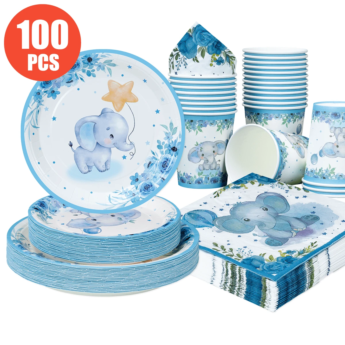 Platos, servilletas y vasos desechables con globos de flores azules y elefantes, platos, servilletas y vasos con temática animal para suministros de fiesta, adecuados para 25 invitados, vajilla de papel desechable para fiestas, bodas, picnics familiares - Multicolor - Ver 1