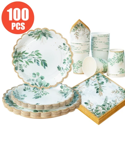 Disposable Plates, Napkins, And Cups Featuring The Shape Of Green Leaves And Petals In Phnom Penh, Themed Around Plants. These Party Supplies Are Suitable For 25 Guests. These Disposable Paper Plates And Party Tableware Are Perfect For Birthdays, Weddings, Family Picnics, And Other Gatherings