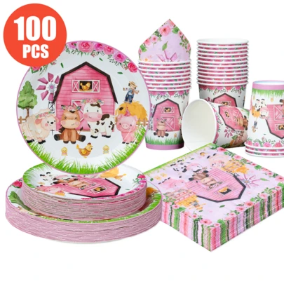 Cute Pink Pastoral Farm Disposable Plates, Napkins, And Cups, Farm-Themed Plates, Napkins, And Cups For Party Supplies, Suitable For 25 Guests, Disposable Paper Plates For Party Tableware, Suitable For Birthday Parties, Weddings, Family Picnics