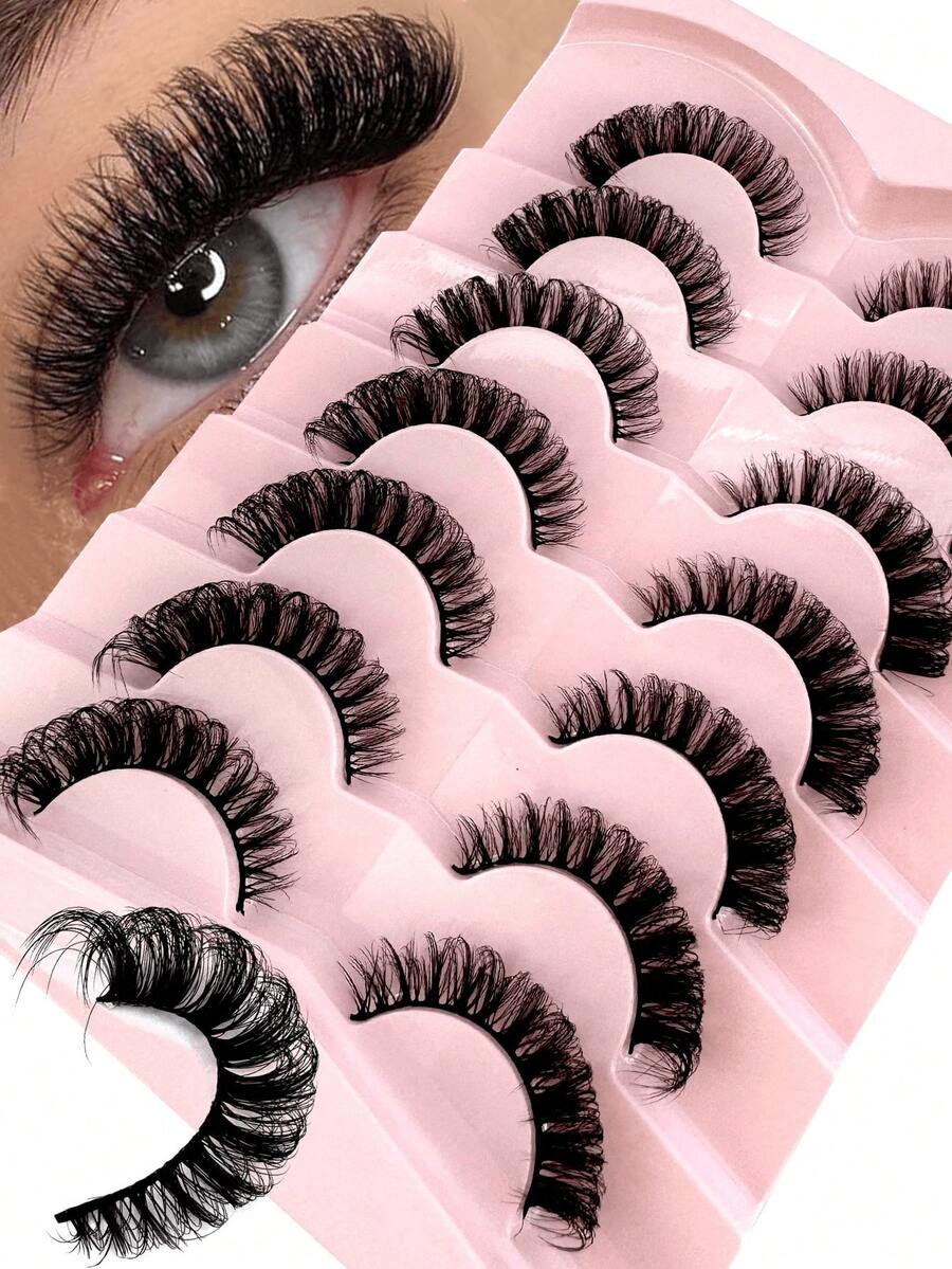 7 Pairs DD Curl Russian False Eyelashes Volume Curly Fluffy Cat Eye Effect Lengthened Outer Corner For Glam Makeup - Black - View 1