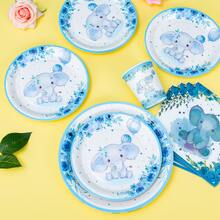 Platos, servilletas y vasos desechables con globos de flores azules y elefantes, platos, servilletas y vasos con temática animal para suministros de fiesta, adecuados para 25 invitados, vajilla de papel desechable para fiestas, bodas, picnics familiares - Multicolor - Ver 5