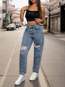 Jeans de talle alto rotos con corte "mom fit" - Azul - Ver 5