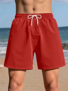 SHEIN Teen Boy Drawstring Waist Beach Swimshorts - Red - View 3