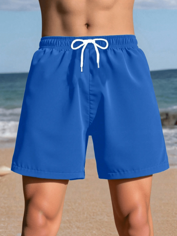SHEIN Teen Boys' Drawstring Waist Blue Swimming Trunks, Suitable For Summer Beach Summer Holiday