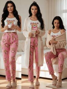Women's 2-Piece Pajama Set, Printed Pants And Spaghetti Strap Blouse - D18 - View 7