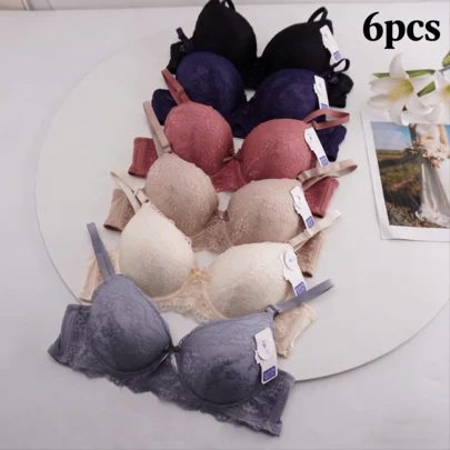 WOVISNI Sujetador de mujer, sujetador push-up, copa B, paquete de 6, 6 colores, copa completa cómoda, tres filas de ganchos, tirantes ajustables, decoración de lazo, sujetador de encaje sexy y cómodo.