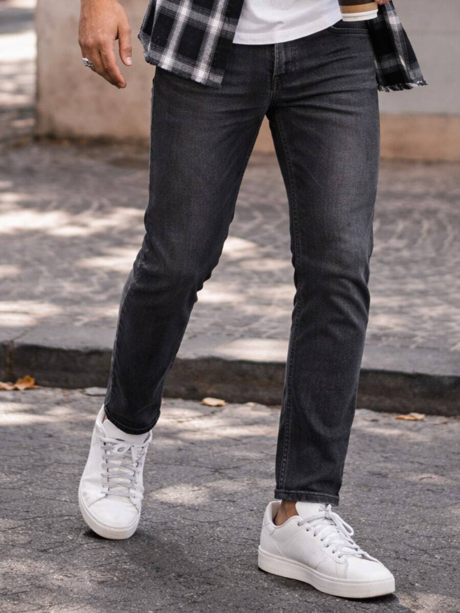 JAMES TENT Jeans Hombre Slim Recto Deslavado – Ajuste Moderno Casual Stretch Cómodo Uso Diario - Negro - Ver 1