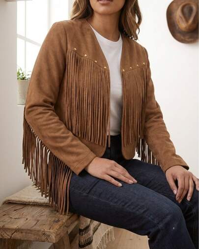 Chamarra Cazadora gamuza dama mujer vaquera con flecos y barbas, cazadora corta crop de ante sintético suave para otoño invierno, chaqueta femenina juvenil moderna para festivales vacaciones outfit casual ligero manga larga festival concierto musica