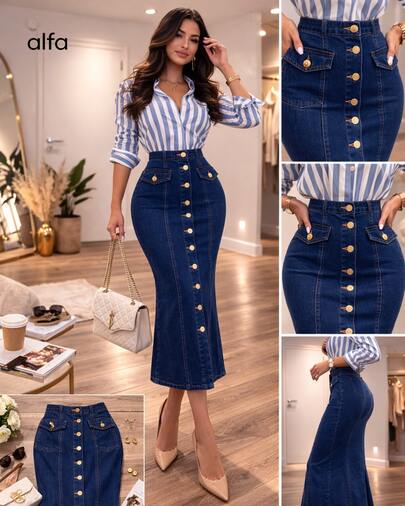 Falda mezclilla mujer elegante casual corte recto largo maxi botones frontales dorados bolsillos decorativos denim suave temporada primavera verano diario oficina cita moderna juvenil