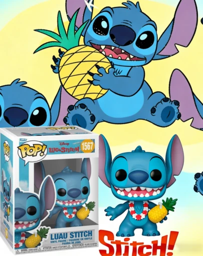  Funko POP! Vinyl Figure, Lilo & Stitch Luau Stitch With Flower Lei And Pineapple, Window Box Display Packaging, No. 1567, Cute Chibi Desk Shelf Decor Gift For Fans