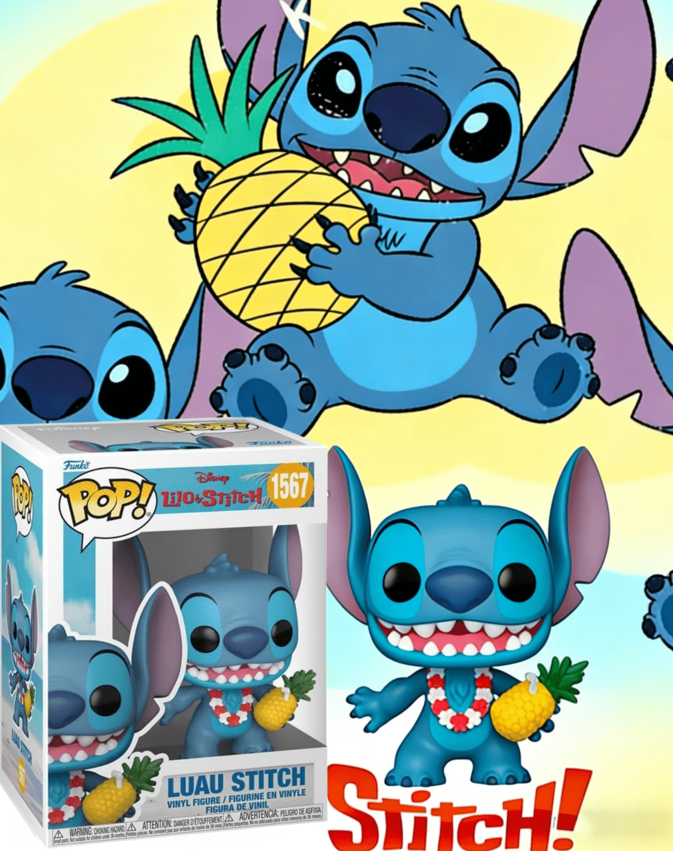Figurine Funko POP! Vinyle, Lilo & Stitch Luau Stitch avec collier de fleurs et ananas, emballage fenêtré, n° 1567, décoration de bureau Chibi mignonne pour les fans - 1PC - Voir 1