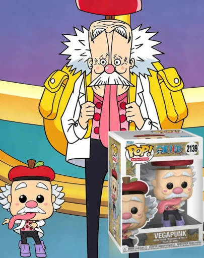  Figura de vinilo Funko Pop coleccionable, One Piece Vegapunk #2139 modelo de exhibición en caja, personaje de científico de anime con cabeza grande y linda, decoración de escritorio y estantería, regalo para fans del anime