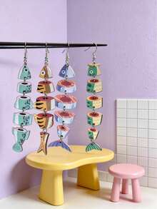 Joivida Khuyên tai kiểu Âu-Mỹ mới, khuyên tai nhiều đoạn hình cá bằng acrylic và gỗ, trang sức tối giản nổi bật dành cho nữ. - Nhiều màu - Xem 5