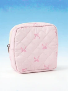 1pc Pink Bow Pattern Women's Sanitary Napkin Pouch, Makeup Bag, Bohemian Style - Multicolor - View 4