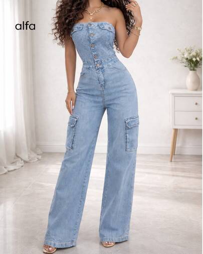 Enterizo Palazzo Dama mujer mezclilla denim strapless bolsas tipo cargo ligero azul lavado bota ancha pierna ancha wideleg brillos diamantes de imitación strass botón metálico casual verano diario cómodo moderno juvenil vacaciones playa outfit fresco sexy relajado suave algodón