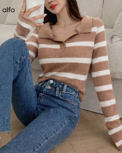 Suéter punto mujer casual rayas marinero cuello polo de manga larga silueta corta suave para otoño invierno diario moderno juvenil ligero cómodo paseo outfit versátil clásico