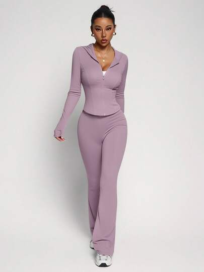 Conjunto de Lycra Premium de 2 Piezas: Sudadera con Cremallera y Pantalón Acampanado de Tiro Alto para Entrenamiento en Gimnasio o Uso Casual para Mujer
