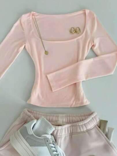 Glimmora Camiseta de manga larga ajustada con forma de lágrima para mujer