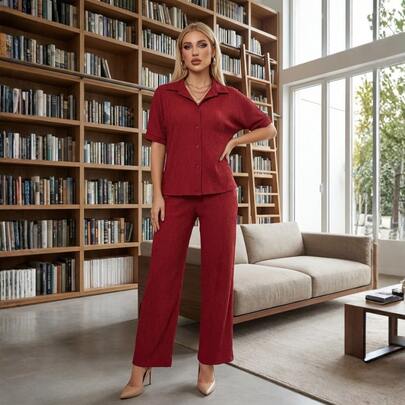 Conjunto de 2 Piezas para Mujer | Set Blusa Tipo Camisera y Pantalón Wide Leg