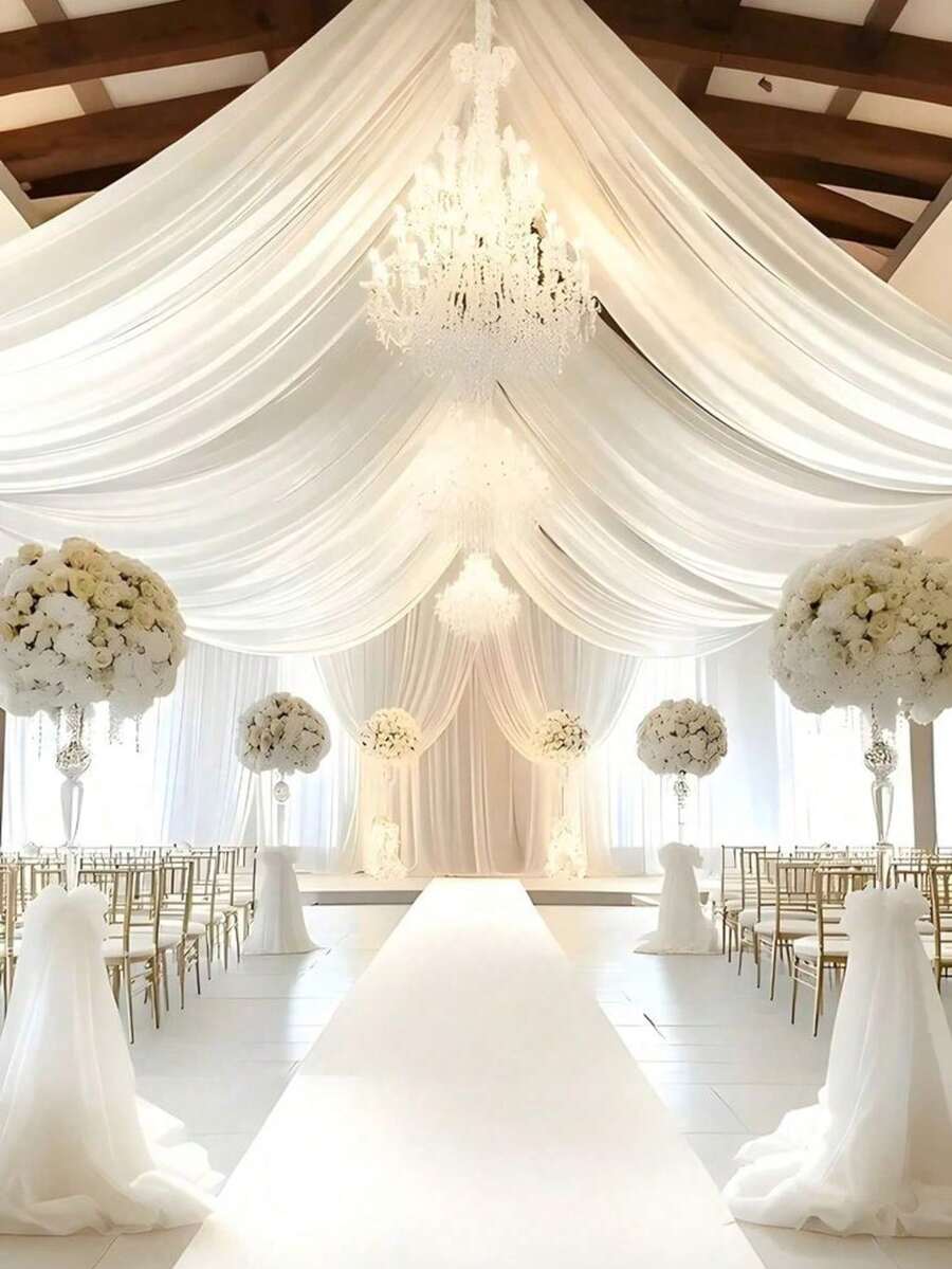 One White Tulle Drape, Chiffon Ceiling Drape, Romantic Wedding Arch Decoration, Wedding Ceremony Decoration, Multi-Purpose Tulle Curtain, Outdoor Wedding Decoration, Bridal Shower Decoration, Wedding Banquet Decoration, Birthday Party Decoration, Wedding Arch Backdrop, Party Backdrop Decoration, Scene Decoration Photography Prop Tulle. - White - View 1