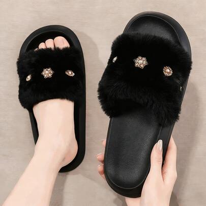 Pantuflas de mujer elegantes de felpa, con strass, súper cálidas, antideslizantes, cómodas y bonitas, para uso interior y exterior.