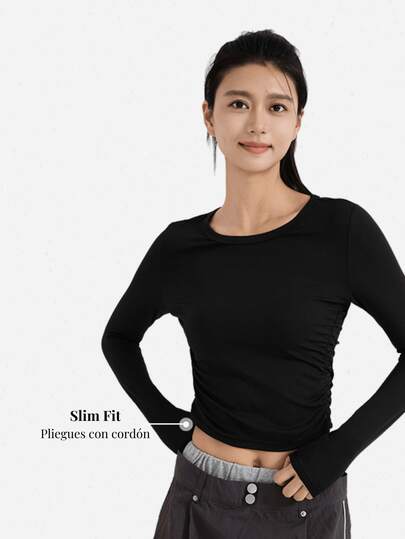 Top corto informal de punto acanalado de antelina para mujer, manga larga, cuello redondo, corte ajustado