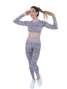 Conjunto Deportivo Mujer 3 Piezas Camuflaje Set Deportivo Completo con Sujetador Deportivo Top Deportivo Playera Deportiva y Leggings Ajustados Ropa Deportiva Mujer para Gimnasio Fitness Yoga Entrenamiento Uso Diario Primavera Verano Otoño - Morado - Ver 4
