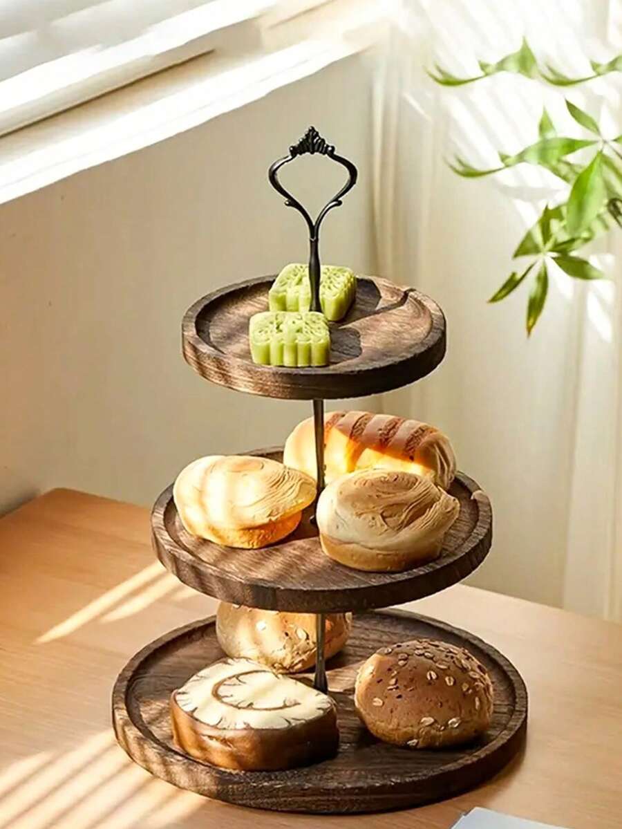 A Set Of Wooden Double/Triple Layer Cake And Dessert Display Racks, Fruit And Snack Display Racks, Brown Trays, Dessert Display Racks, Baking Dessert Racks, Cake Decoration Supports, Multi-Layer Trays, Suitable For Kitchens, Restaurant Table Decorations, Wedding Decorations, Party Supplies. - Brown - View 1