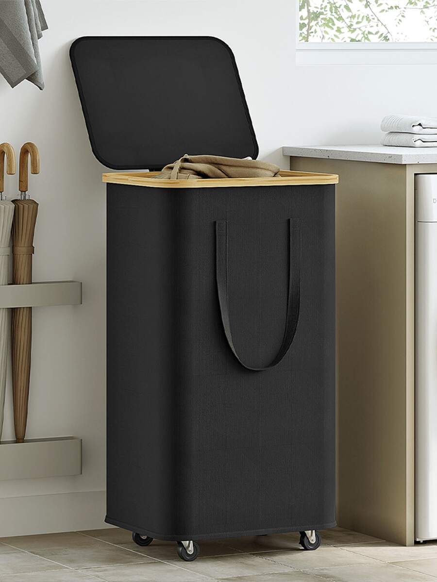 1个60升/100升带轮竹制洗衣篮，带盖 - 含洗衣袋内衬，可折叠脏衣篮，超大容量洗衣篮，可折叠布艺洗衣篮，家用洗衣篮 - 彩色 - 查看 1