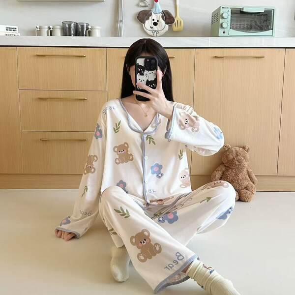 Pijamas mujeres,conjuntos de mujer,set de pijama de dos piezas con estampado de dibujos animados,suave y cómodo