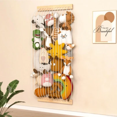 New Indoor Plush Toy Storage Organizer, Animal Shape Wooden Soft Toy Storage Rack, Cute And Durable, Can Be Hung On Wall Or Door, Adjustable Length, Black Plush Toy Storage Organizer, Suitable For Kids Room Playroom