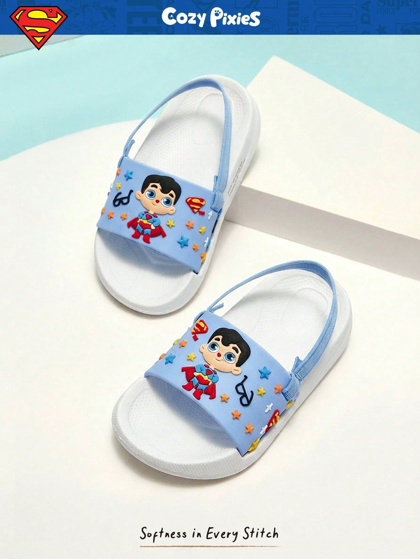 SUPERMAN X Cozy Pixies 1双时尚休闲夏季可爱卡通DC超级英雄印花沙滩拖鞋平底凉鞋 - 藍色 - 查看 1