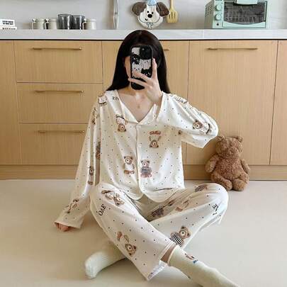 Pijamas mujeres,conjuntos de mujer,set de pijama de dos piezas con estampado de dibujos animados,suave y cómodo