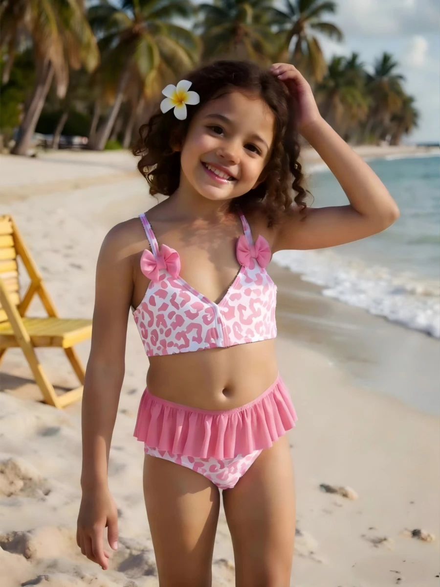 Bộ bikini bèo nhún họa tiết da báo cho bé gái, đồ bơi thời trang đi biển, đồ bơi 2 mảnh cho bé gái, đồ bơi trẻ em, bộ bikini 2 mảnh màu hồng cho bé gái. - Hồng - Xem 1