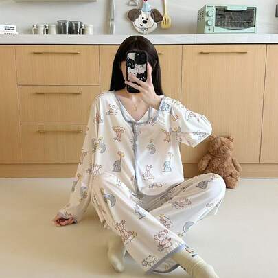 Pijamas mujeres,conjuntos de mujer,set de pijama de dos piezas con estampado de dibujos animados,suave y cómodo