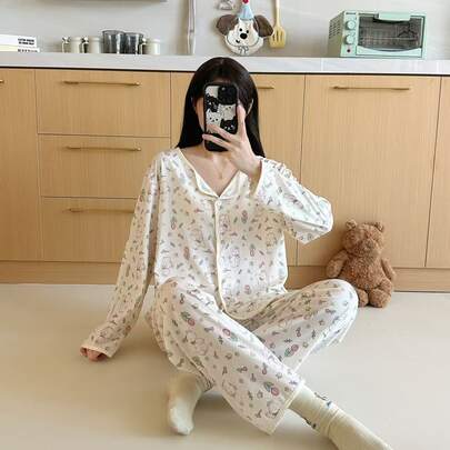 Pijamas mujeres,conjuntos de mujer,set de pijama de dos piezas con estampado de dibujos animados,suave y cómodo