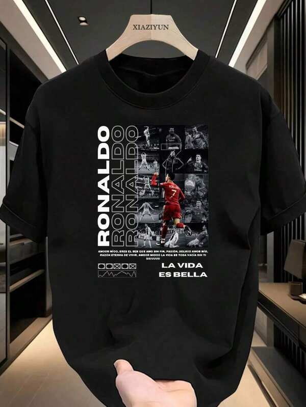 Camiseta para Hombre con Estampado de Jugador de Fútbol, Diseño de Collage de Momentos Deportivos, Estilo Casual, Cuello Redondo, Manga Corta, Ideal para Aficionados al Deporte