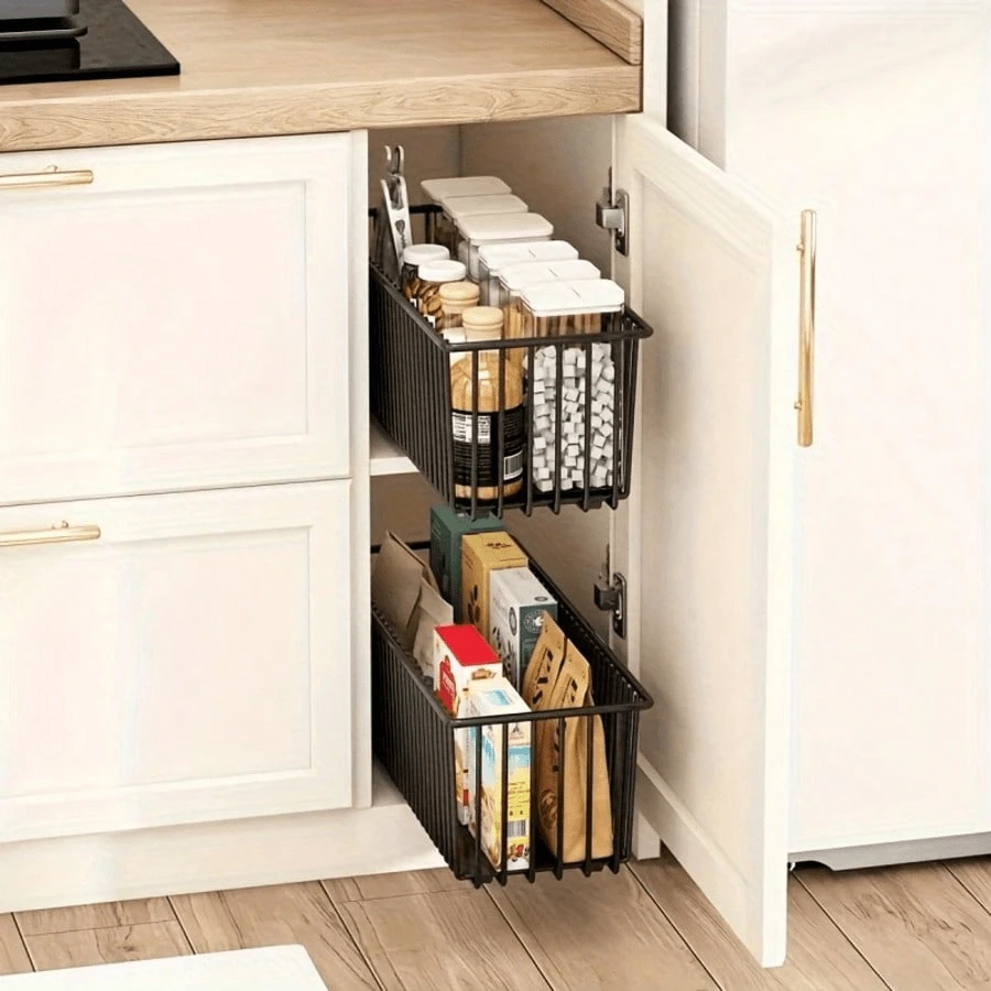 1-Piece Pull-Out Cabinet Storage Box With Sliding Drawer, Suitable For Kitchens, Spice Racks, And Bathrooms. No Drilling Required. Cabinet Storage Basket For Storing Spices, Jars, And Bottles. Bathroom Storage Drawer. - Multicolor - View 1