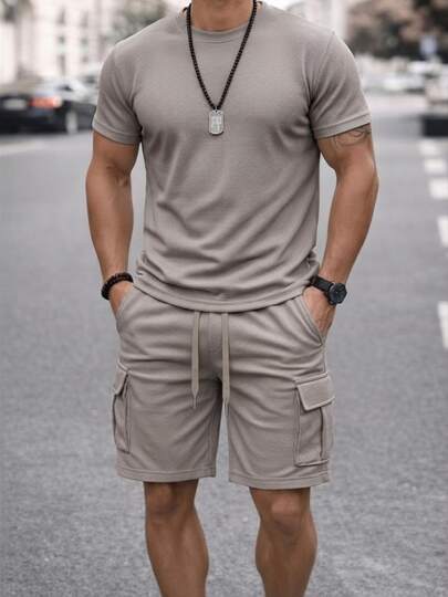 Conjunto de 2 Piezas para Hombre Estilo Casual Urbano, Playera de Manga Corta con Textura Waffle y Shorts Cargo con Cordón, Ropa de Verano Transpirable de Secado Rápido