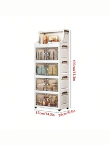 1pc Plastic Folding Storage Cabinet, Double Door Home Living Room Toy Organizer Box, Bedroom Storage Cabinet With Wheels, Wardrobe Closet Storage Box, Kitchen Trolley Storage Rack - Clear - View 3