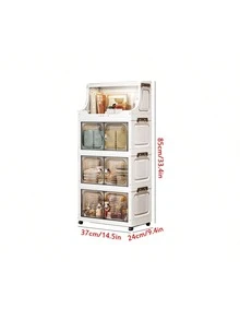 1pc Plastic Folding Storage Cabinet, Double Door Home Living Room Toy Organizer Box, Bedroom Storage Cabinet With Wheels, Wardrobe Closet Storage Box, Kitchen Trolley Storage Rack - Clear - View 2