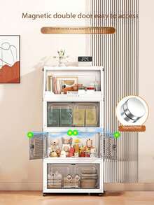 1pc Plastic Folding Storage Cabinet, Double Door Home Living Room Toy Organizer Box, Bedroom Storage Cabinet With Wheels, Wardrobe Closet Storage Box, Kitchen Trolley Storage Rack - Clear - View 5