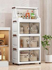 1pc Plastic Folding Storage Cabinet, Double Door Home Living Room Toy Organizer Box, Bedroom Storage Cabinet With Wheels, Wardrobe Closet Storage Box, Kitchen Trolley Storage Rack - Clear - View 1