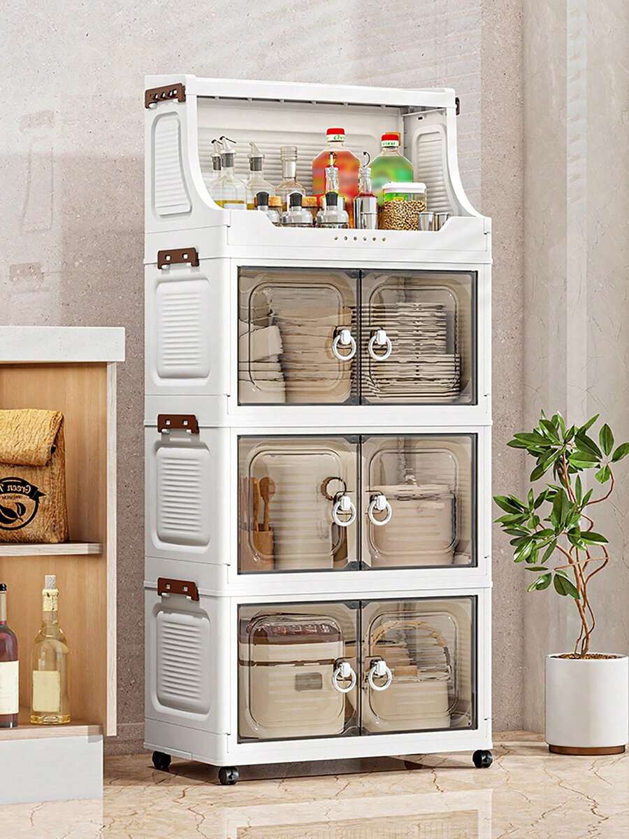 1pc Plastic Folding Storage Cabinet, Double Door Home Living Room Toy Organizer Box, Bedroom Storage Cabinet With Wheels, Wardrobe Closet Storage Box, Kitchen Trolley Storage Rack - Clear - View 1
