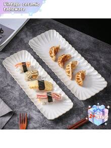 This Retro-Style, Long Ceramic Food Plate With A Chrysanthemum Pattern Is Perfect For Serving Sushi, Dumplings, And Other Similar Dishes. - Multicolor - View 3